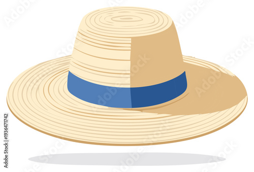 Summer straw hat with a blue ribbon, vector illustration