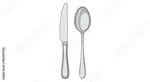 Set of stainless steel cutlery consisting of a dinner knife and a large spoon arranged side by side on a clean white background for table setting.