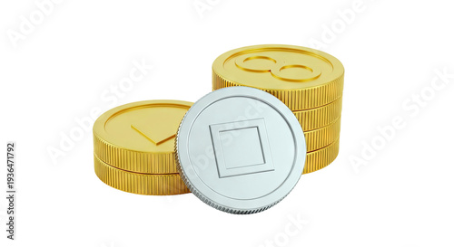 Stacks of Gold and Silver Coins with Square Symbol
