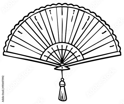 Ornate Handheld Folding Fan with Decorative Tassel and Intricate Ribbing