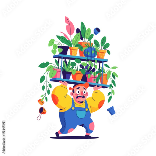 Struggling Gardener Carries Overloaded Plant Shelf, Plants Falling