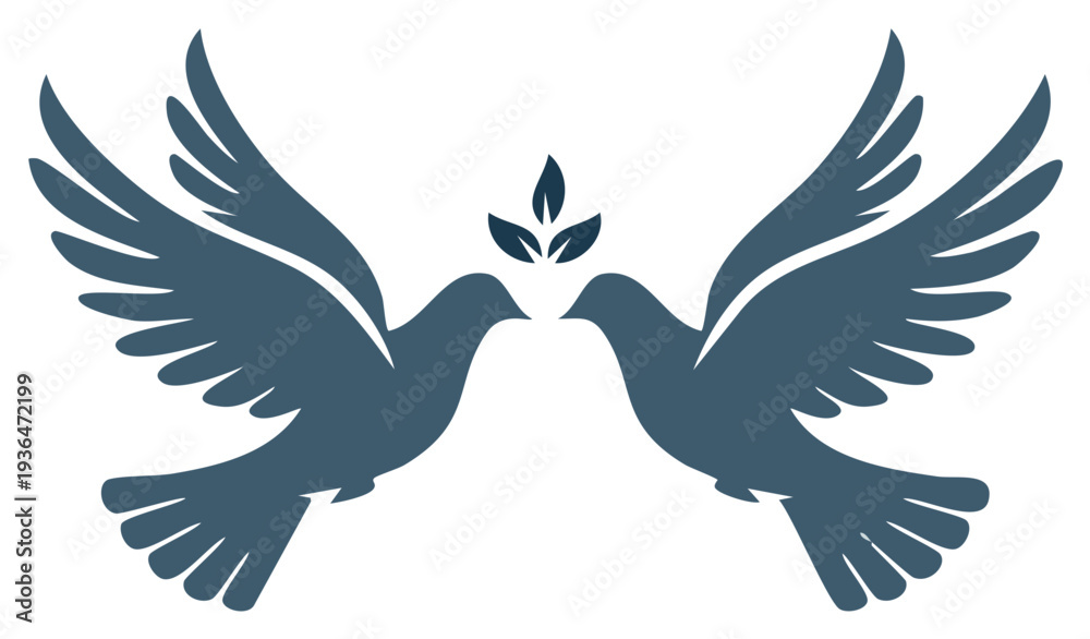 Fototapeta premium Pair of Doves Facing Each Other With Leaves Symbolizing Peace or Love