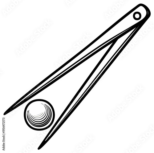 Vector illustration of a pair of tweezers holding a small marble, black and white line drawing