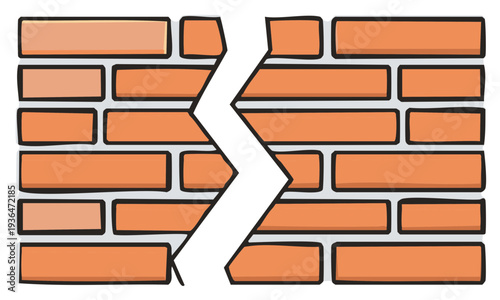 Cartoon Brick Wall with a Jagged Crack in the Middle, Depicting Damage or Destruction