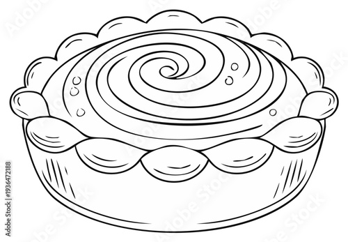 Line art cake illustration featuring swirl frosting and scalloped crust for culinary themed designs and coloring books