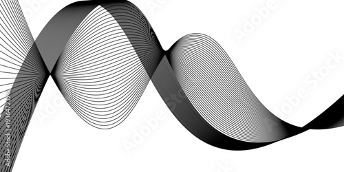 Abstract black and white vector background featuring a flowing ribbon pattern with a wave line design and helix curve element for a modern art concept backdrop