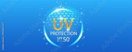 Transparent shield sphere with UV light effect on blue background. Glass dome barrier protects skin from sun rays. Abstract protection concept. Vector illustration.