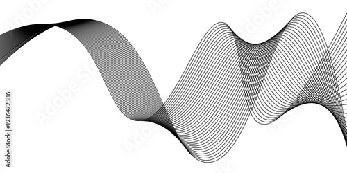 Abstract black and white vector background featuring a flowing ribbon pattern with a wave line design and helix curve element for a modern art concept backdrop