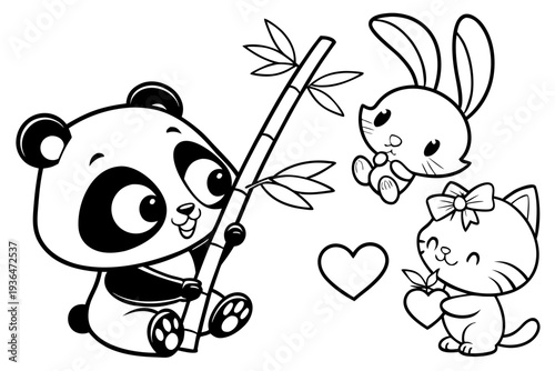 chibi, kawaii, baby animals, coloring page, panda, bamboo, bunny, bow, kitten, heart, cute, kids, children, vector, line art, outline, bold lines, black and white, white background, no shading, colori