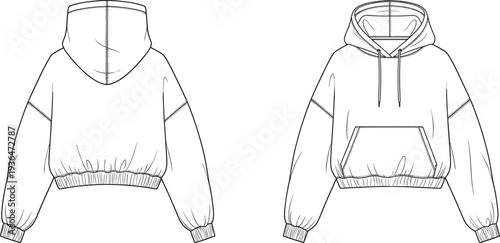 Black and white vector illustration of cropped hoodie front and back, drawstring hood kangaroo pocket, fashion design garment specification drawing