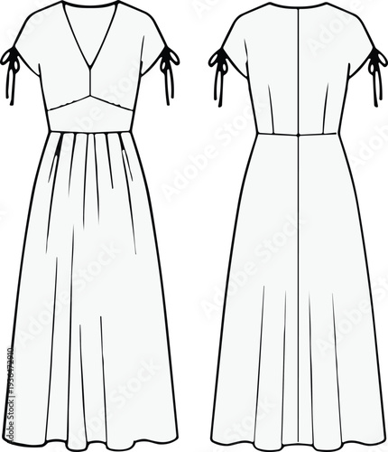 Black and white vector illustration of midi dress front and back, V‑neckline tie sleeves, fashion design garment specification drawing