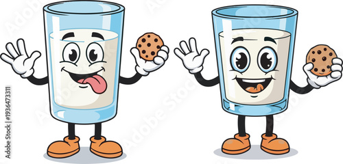 Two Happy Cartoon Milk Glass Characters Holding Chocolate Chip Cookies Vector Illustration for Food and Beverage Concepts