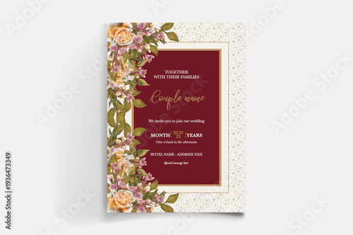 WEDDING INVITATION FRAME WITH FLOWER DECORATIONS AND FRESH LEAVES