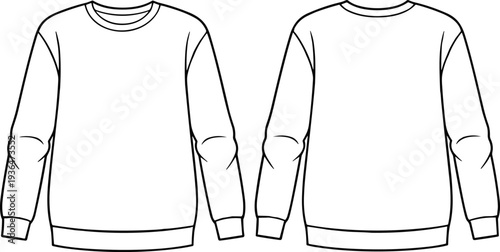 Black and white vector illustration of crewneck sweatshirt front and back, ribbed cuffs and hem, fashion design garment specification drawing