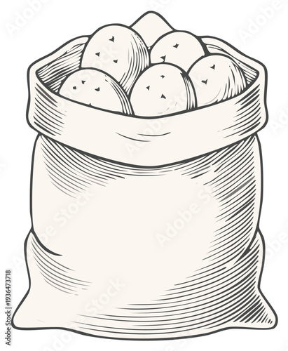 Rustic burlap sack filled with whole potatoes agricultural harvest illustration