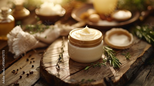 Artisan beef tallow skin moisturizer cream in a vintage ceramic pot, rustic wooden farmhouse table background, raw ingredients nearby including herbs and natural fats