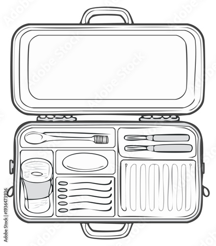 Open lunchbox cartoon illustration with utensils and food items, black and white.