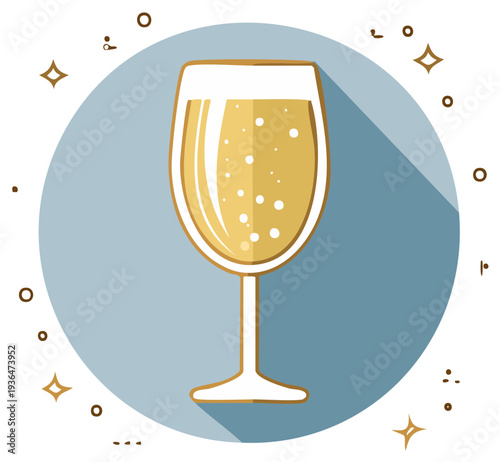 Stylized illustration of a tall glass filled with bubbly golden beverage and surrounded by sparkling festive elements