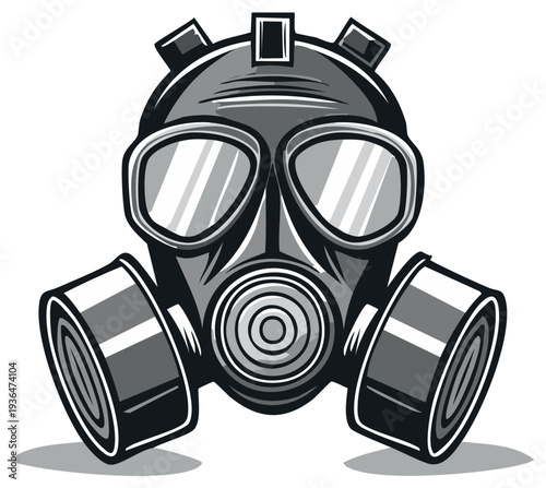 Retro style gas mask with large circular lenses and canister filters isolated on white