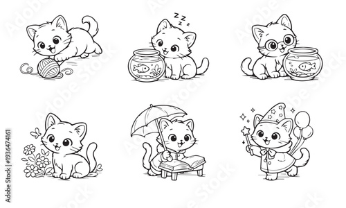 Cute Kitten Coloring Pages Bundle for Kids – Adorable Cartoon Cats with Yarn, Fish Bowl, Flowers, Magic Costume and Reading Book, Black and White Printable Coloring Sheet Collection