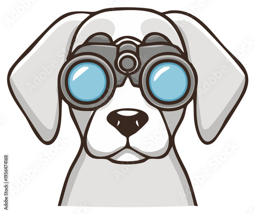 Dog wearing binoculars cartoon illustration, searching with curiosity and humor.