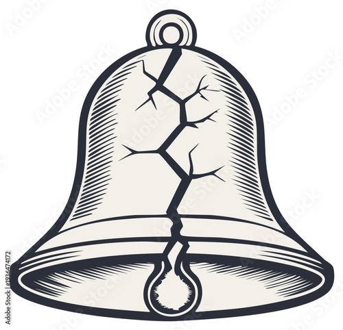 Cracked Antique Bell: Vintage Distress and Disrepair; Isolated Line Art Illustration