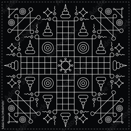 Traditional Thai Yantra vector pattern on black background. Sacred geometry and mystical symbols for bandana, handkerchief, notebook cover, and spiritual fashion design.
