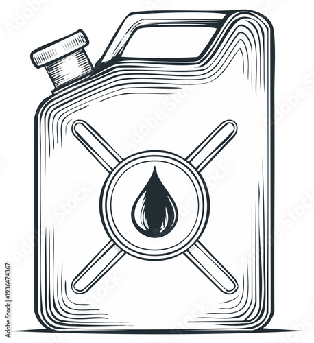 Gasoline can illustration with fuel drop emblem icon in sketch style and design