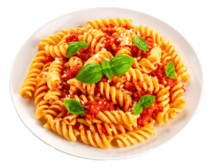 Delicious Plate of Rotini Pasta with tomatoes Sauce Isolated on Transparent or White Background.