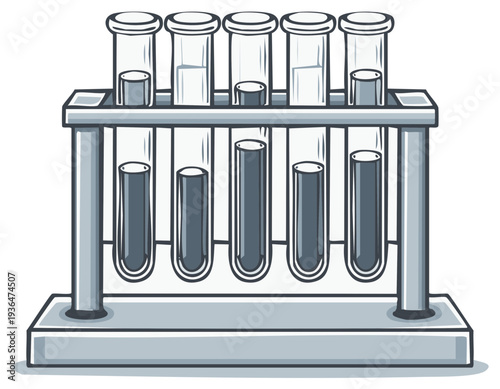 Test tubes with grey liquid and metal rack for chemical research and pharmaceutical experiments in a laboratory