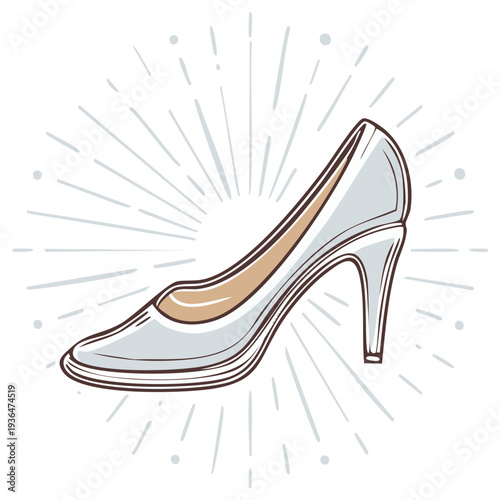 Elegant stiletto shoe illustration shimmering with radial light, refined footwear art for fashion and glamour themes