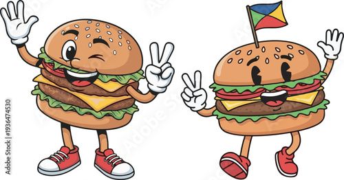 Two cheerful cartoon cheeseburger characters with sesame seed buns, cheese, lettuce, and tomato, one winking and making a peace sign, the other with a small flag, perfect for fast food branding