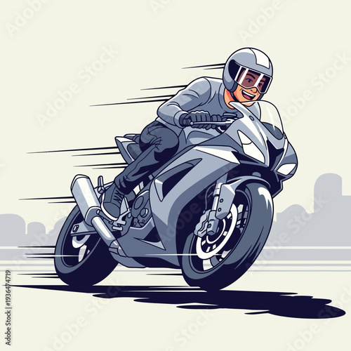 Excited man riding a fast sport motorcycle on a city street, dynamic motion blur