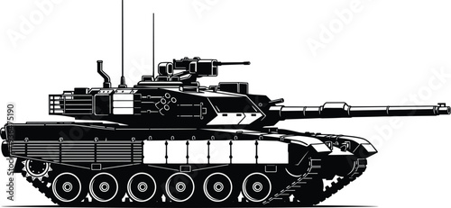 Modern battle tank silhouette with long barrel gun, antennas, turret weaponry, armored body, tracked military vehicle design, flat vector illustration