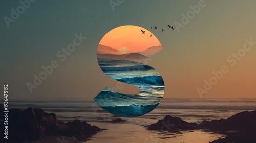 The letter S is designed with ocean and sky view background.