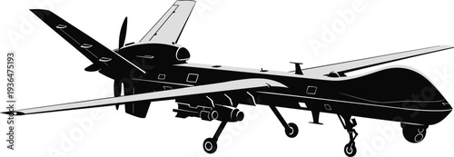 Military drone MQ-9 Reaper silhouette with fuselage, V-tail, pusher propeller, landing gear extended, surveillance combat UAV design, flat vector illustration