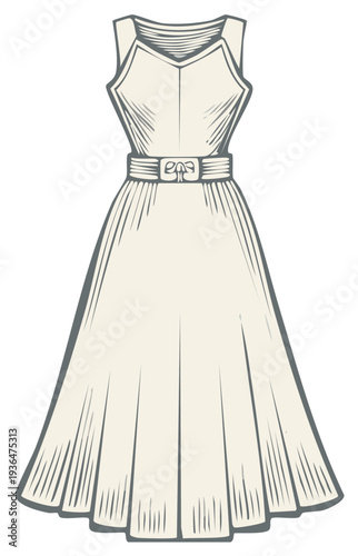 Classic sleeveless belted midi dress with a flared skirt elegant vintage fashion sketch