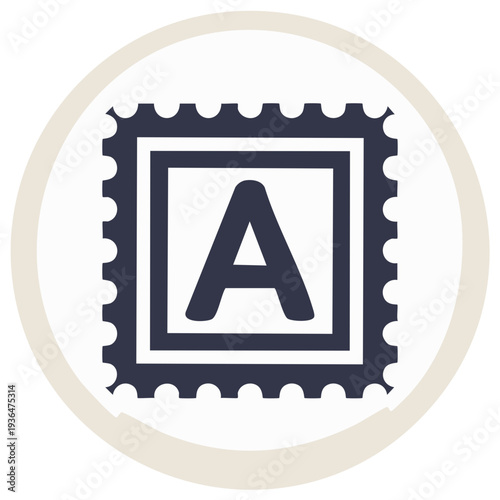 Bold letter A inside a postage stamp icon with a light beige circular frame