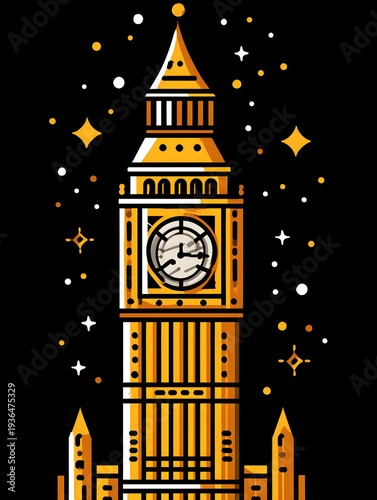 Iconic Big Ben stands tall against a backdrop of twinkling stars, its golden facade and intricate design showcased in this illustrative tribute to London's timeless beauty and architectural prowess.