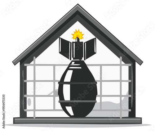 Bomb inside a house depicting danger, risk, war, and destruction conceptual image
