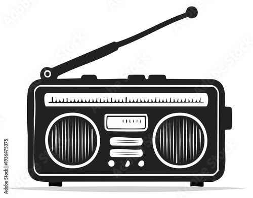 Retro boombox with antenna broadcasting music and entertainment classic audio device