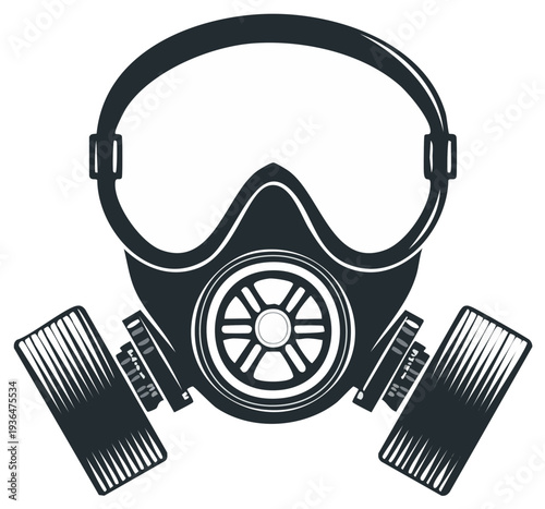 Industrial gas mask with dual filters and large eye protection goggles for protection