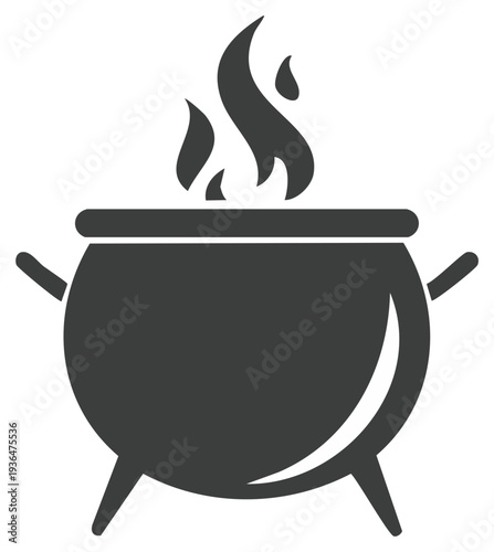 Iconic cauldron with fire flames, illustration of magic and fantasy, cooking pot element isolated on white
