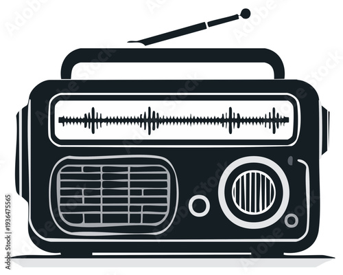 Retro radio with antenna showing sound waves on screen and speaker grill