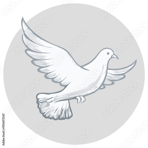 Flying dove illustration inside gray circle symbol of peace and freedom