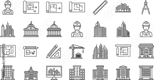 Architecture, construction, engineering, icons, blueprint, ruler, compass, crane, buildings, architect, planning, tools, city, infrastructure, design, urban, project, silhouette, vector, set