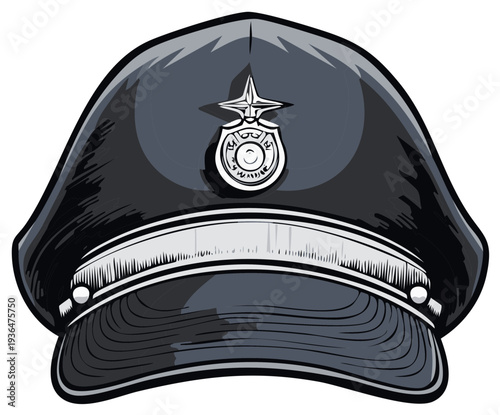 Dark Police Cap with Silver Badge and Band Illustrated Design
