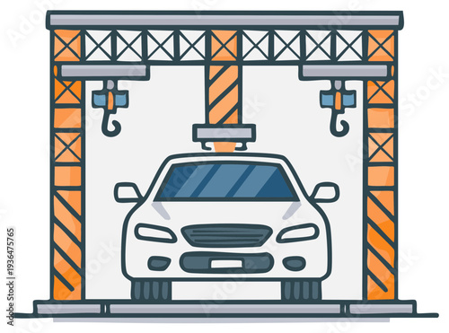 Automotive assembly line with a car, robot vehicle manufacturing with cranes. Automobile production in factory