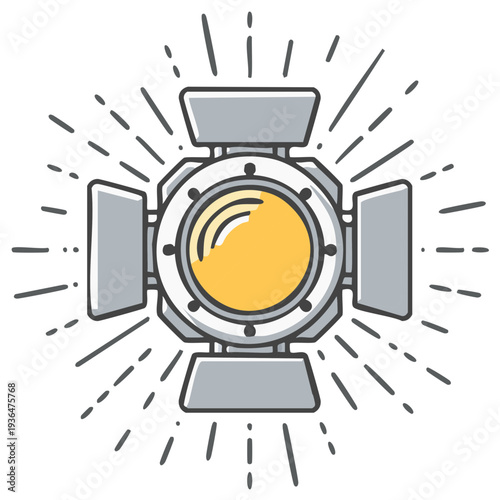Spotlight Rays: Modern Stage Lighting Equipment with Bright Yellow Glow and Angular Silver Housing, Icon Illustration