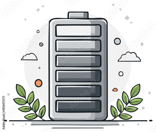 Stylized battery illustration surrounded by leaves and clouds for energy or technology concepts